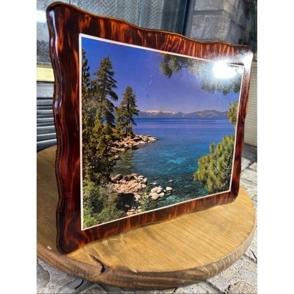 Vintage Lake Tahoe Mountains Landscape Art Print Glossy Wood 70/80s‎ 12